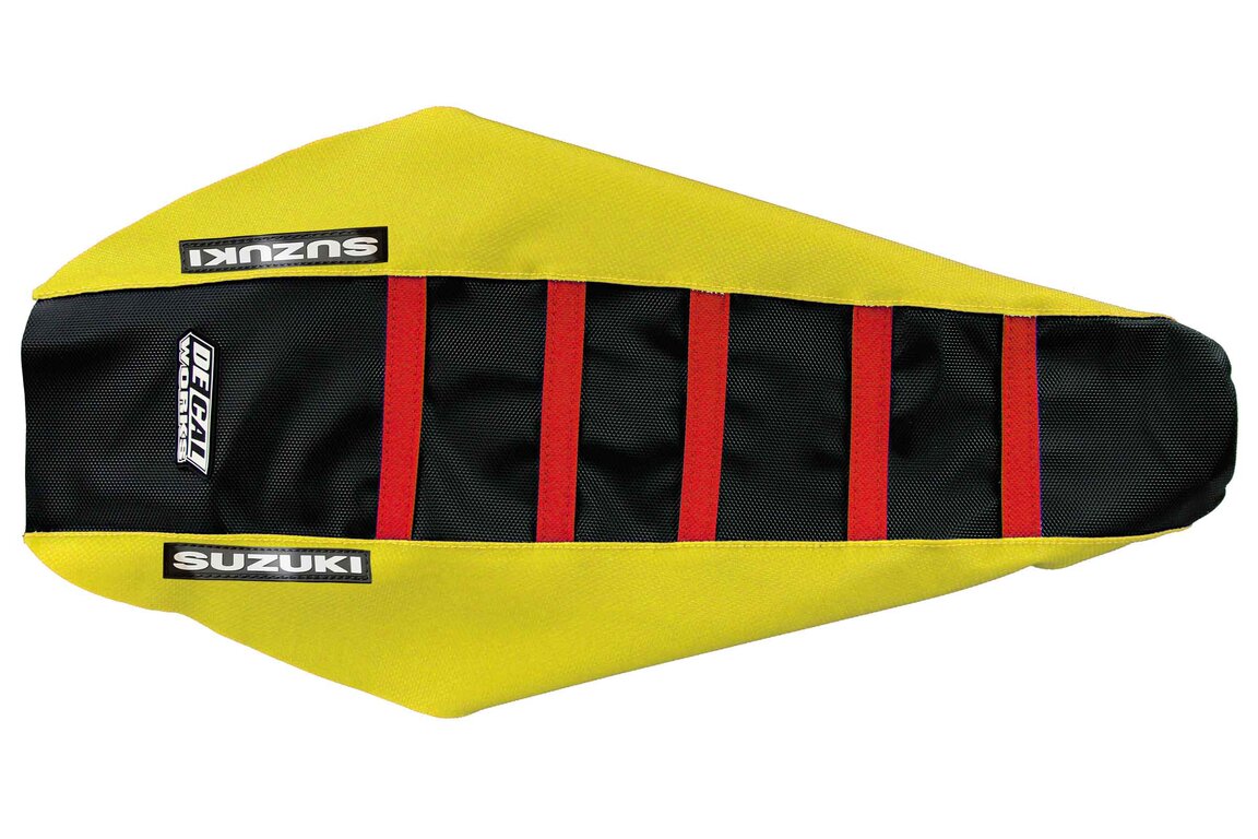 DeCal Works Yellow Black Red with Suzuki logo Gripper Ribbed Seat Covers for Suzuki: RMZ450 (2008-2017)