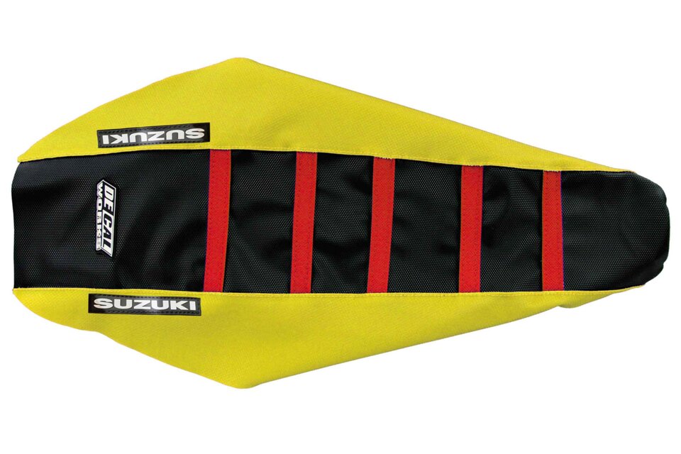 Yellow Black Red with Suzuki logo Gripper Ribbed Seat Covers 2010 Suzuki RMZ250, 2011 Suzuki RMZ250, 2012 Suzuki RMZ250, 2013 Suzuki RMZ250, 2014 Suzuki RMZ250, 2015 Suzuki RMZ250, 2016 Suzuki RMZ250, 2017 Suzuki RMZ250, 2018 Suzuki RMZ250