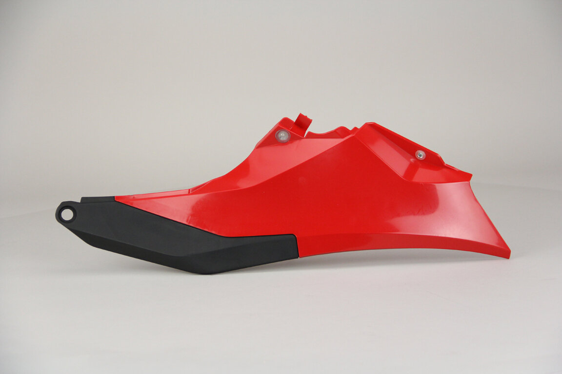 Left Side UFO Vented Red Side Number Plates with Airbox Cover replacement plastics for 21-23 GasGas EC, ECF, EX, EXF, MC, MCF dirt bikes.