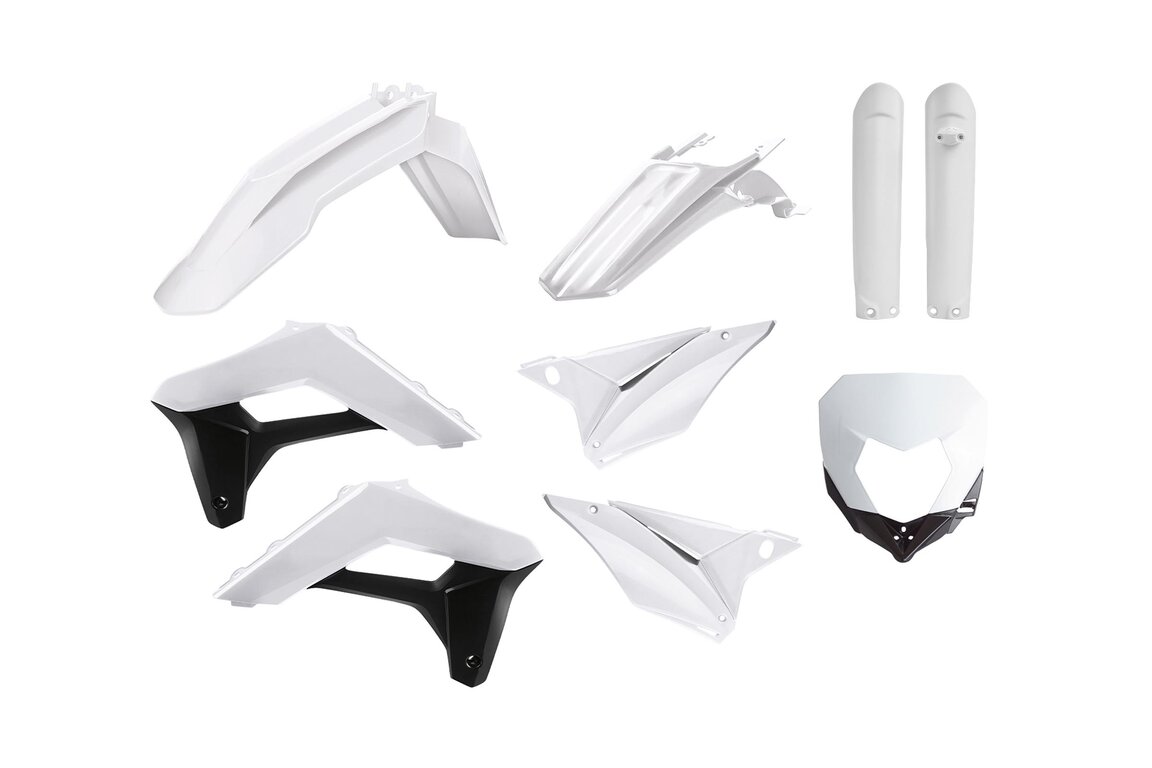 Polisport White Plastic Kit with Lower Forks for Sherco: 125 SE (2018-2023), 125 SE-R (2018-2019), 250 SE (2017-2023), 250 SEF (2017-2018, 2020-2023), 250 SEF-R (2018-2019), 250 SE-R (2018-2019), 300 SE (2021-2023), 300 SEF (2017-2023), 300 SEF-R (2018-2019), 300 SE-R (2018-2019), 450 SE...and more