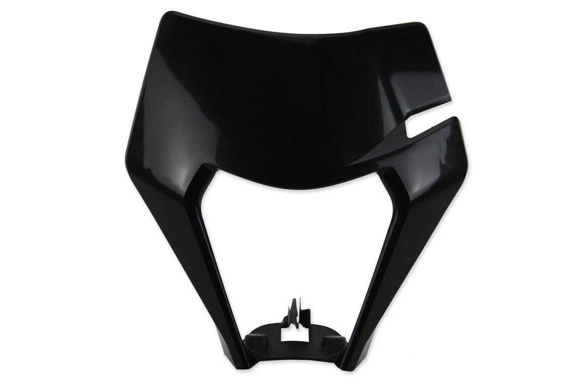 Polisport Black Front Number Plate Headlight Mask for KTM: EXC125 (2020-2021), EXC150 (2020-2023), EXC250 (2020-2023), EXC250F (2020-2023), EXC300 (2020-2023), EXC350F (2020-2023), EXC450F (2020-2023), EXC500F (2020-2023), XCF350W (2020-2022), XCF450W (2023), XCF500W (2020-2022), XCW150 (2023...and more