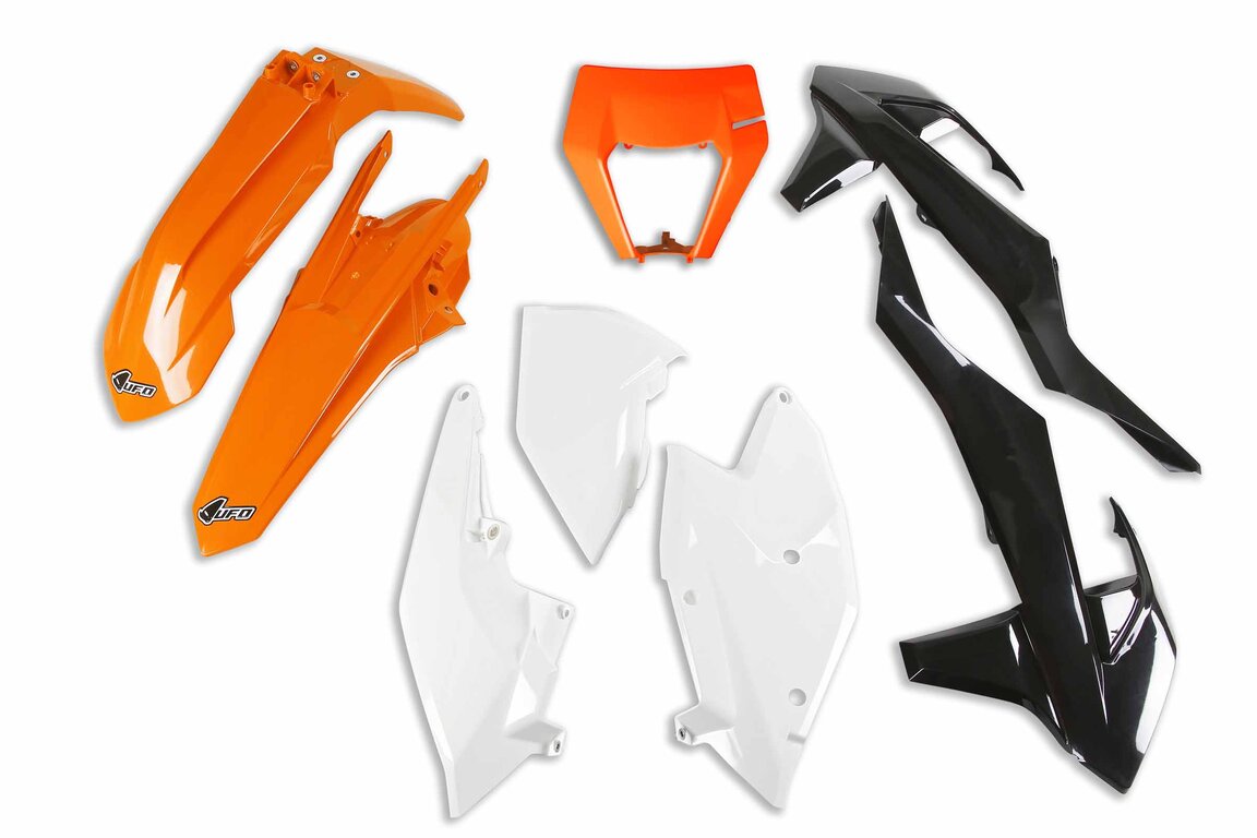 UFO OEM Color Plastic Kit for KTM: EXC250F (2017-2019), EXC300 (2017-2019), EXC350F (2017-2019), EXC450F (2017-2019), EXC500F (2017-2019), XCW150 (2017-2019), XCW250 (2017-2019), XCW300 (2017-2018), XCW300 TPI (2019)