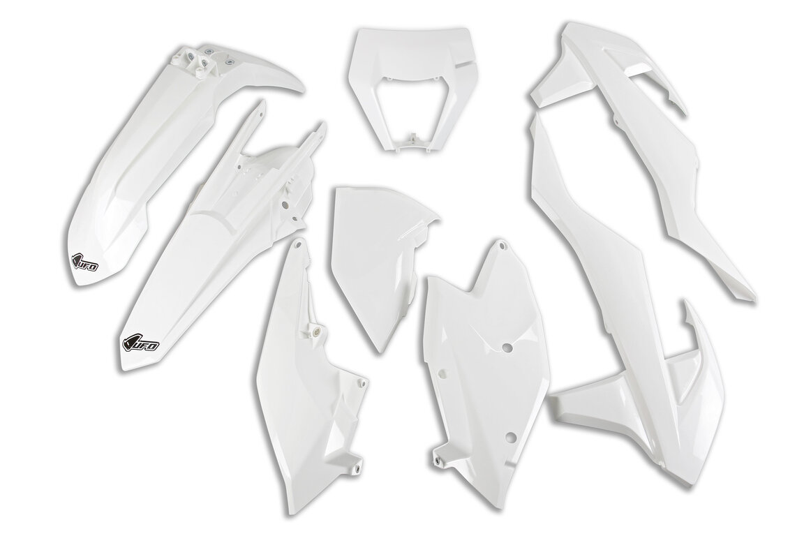 UFO White Plastic Kit for KTM: EXC250F (2017-2019), EXC300 (2017-2019), EXC350F (2017-2019), EXC450F (2017-2019), EXC500F (2017-2019), XCW150 (2017-2019), XCW250 (2017-2019), XCW300 (2017-2018), XCW300 TPI (2019)