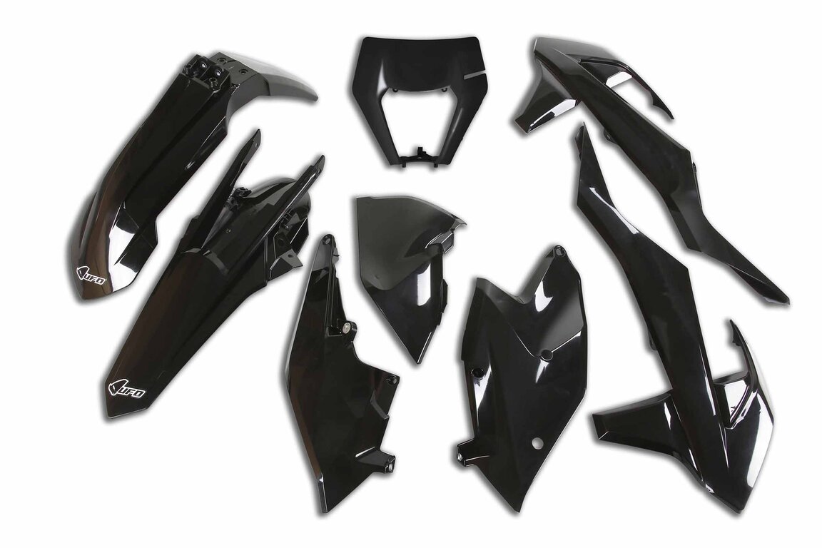 UFO Black Plastic Kit for KTM: EXC250F (2017-2019), EXC300 (2017-2019), EXC350F (2017-2019), EXC450F (2017-2019), EXC500F (2017-2019), XCW150 (2017-2019), XCW250 (2017-2019), XCW300 (2017-2018), XCW300 TPI (2019)