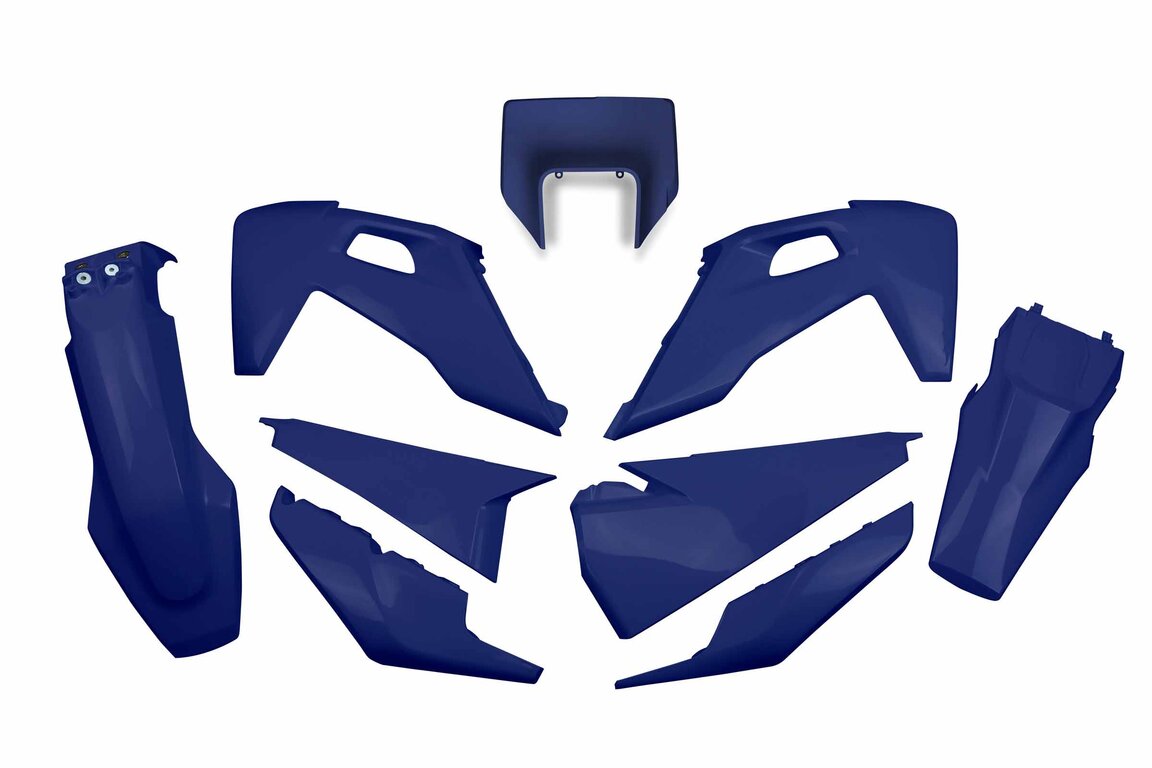 UFO Blue Plastic Kit for Husqvarna: FE250 (2022-2023), FE350 (2020-2023), FE350s (2020, 2022-2023), FE450 (2020-2023), FE501 (2020-2023), FE501s (2020-2023), TE150 (2023), TE150i (2020-2022), TE250 (2023), TE250i (2020-2022), TE300 (2023), TE300i (2020-2022), TE30...and more