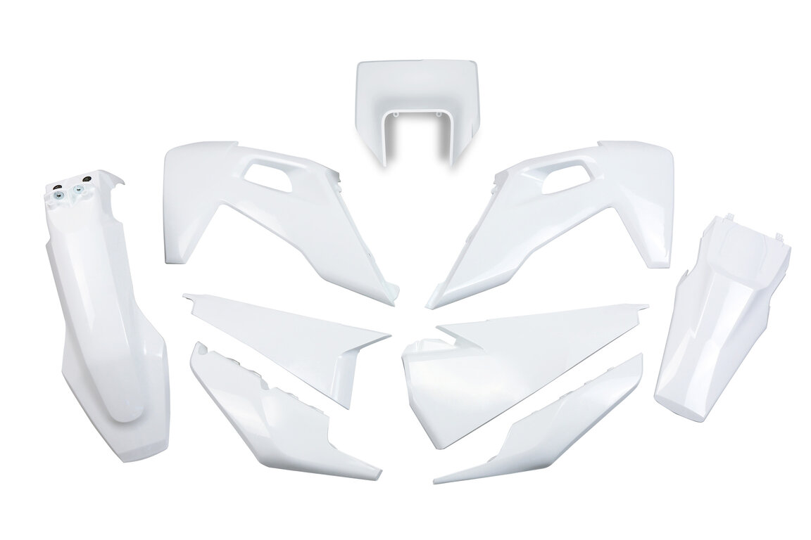 UFO White Plastic Kit for Husqvarna: FE250 (2022-2023), FE350 (2020-2023), FE350s (2020, 2022-2023), FE450 (2020-2023), FE501 (2020-2023), FE501s (2020-2023), TE150 (2023), TE150i (2020-2022), TE250 (2023), TE250i (2020-2022), TE300 (2023), TE300i (2020-2022), TE30...and more