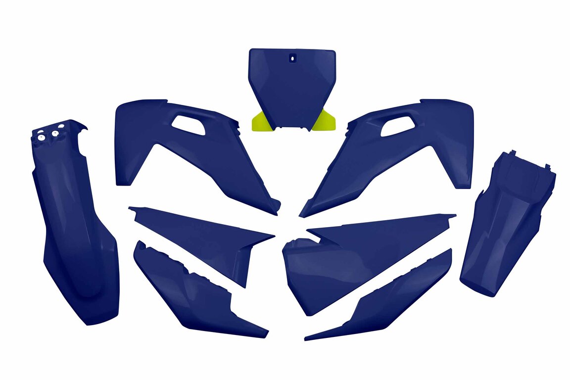 UFO Blue Plastic Kit for Husqvarna: FC250 (2019-2022), FC350 (2019-2022), FC450 (2019-2022), FC450 Rockstar Edition (2018-2021), FX350 (2019-2022), FX450 (2019-2022), TC125 (2019-2022), TC250 (2019-2022), TX300 (2019), TX300i (2020-2022)