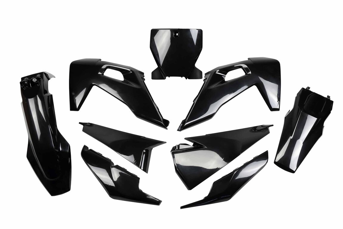UFO Black Plastic Kit for Husqvarna: FC250 (2019-2022), FC350 (2019-2022), FC450 (2019-2022), FC450 Rockstar Edition (2018-2021), FX350 (2019-2022), FX450 (2019-2022), TC125 (2019-2022), TC250 (2019-2022), TX300 (2019), TX300i (2020-2022)