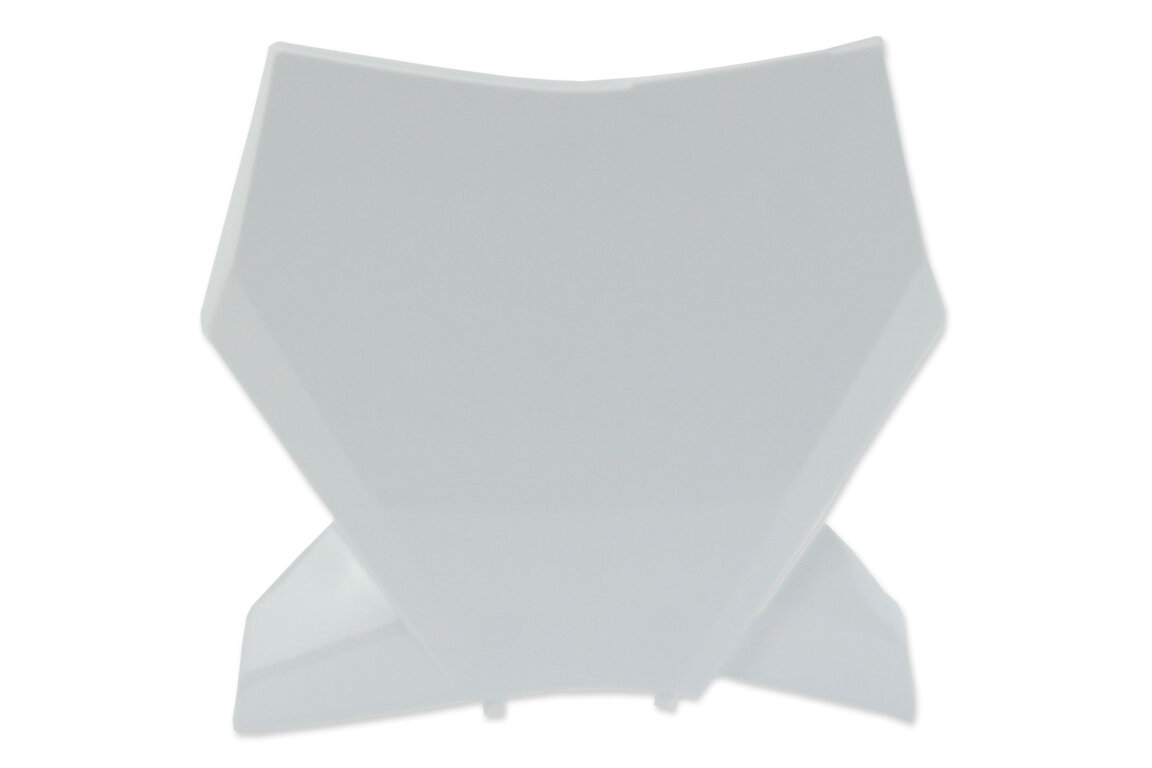 UFO Ceramic White Front Number Plate for KTM: SMR450 (2023-2025), SX125 (2023-2027), SX150 (2025-2027), SX250 (2023-2027), SX300 (2023-2027), SXF250 (2023-2027), SXF250FE (2022-2026), SXF350 (2023-2027), SXF450 (2023-2027), SXF450FE (2022-2026), XC125 (2023-2025, 2027), XC250 (20...and more