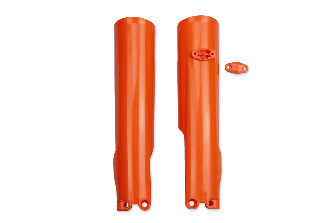 UFO Orange Lower Fork Guards for KTM: EXC350F (2024-2026), EXC450F (2024-2025), EXC500F (2024-2026), SX125 (2023-2026), SX150 (2025-2026), SX250 (2023-2026), SX300 (2023-2026), SXF250 (2023-2026), SXF250FE (2022-2025), SXF350 (2023-2026), SXF450 (2023-2026), SXF450FE (202...and more