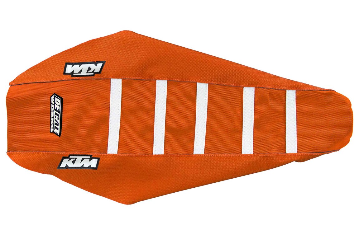 DeCal Works Orange Orange White with KTM logo Gripper Ribbed Seat Covers for KTM: EXC350F (2024-2026), EXC450F (2024-2025), EXC500F (2024-2026), SMR450 (2023-2025), SX125 (2023-2026), SX150 (2025-2026), SX250 (2023-2026), SX300 (2023-2026), SXF250 (2023-2026), SXF250FE (2022-2025), SXF350 (2023-2026), SXF450 (2023-...and more