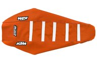 DeCal Works Orange Orange White with KTM logo Gripper Ribbed Seat Covers for KTM: EXC350F (2024-2026), EXC450F (2024-2025), EXC500F (2024-2026), SMR450 (2023-2025), SX125 (2023-2026), SX150 (2025-2026), SX250 (2023-2026), SX300 (2023-2026), SXF250 (2023-2026), SXF250FE (2022-2025), SXF350 (2023-2026), SXF450 (2023-...and more