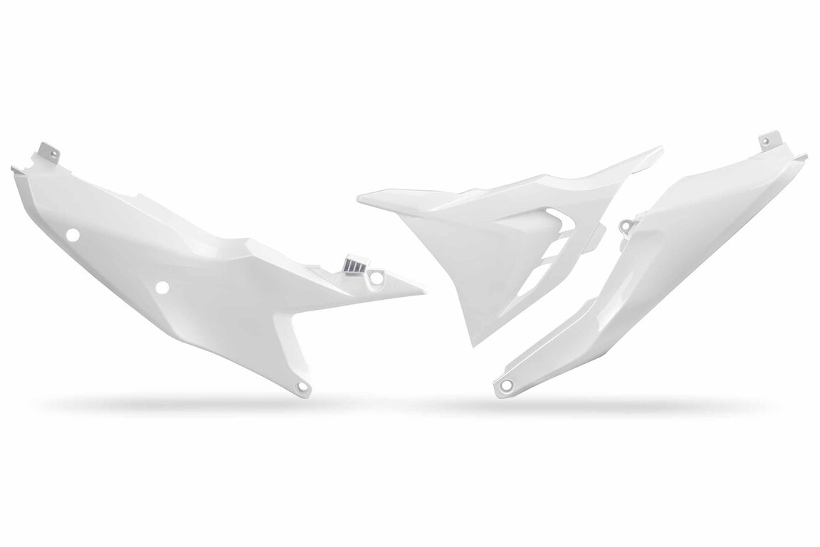 UFO Ceramic White Vented Side Number Plates with Airbox Cover for KTM: EXC350F (2024-2026), EXC450F (2024-2025), EXC500F (2024-2027), SMR450 (2023-2025), SX125 (2023-2027), SX150 (2025-2027), SX250 (2023-2027), SX300 (2023-2027), SXF250 (2023-2027), SXF250FE (2022-2026), SXF350 (2023-2027), SXF450 (2023-...and more