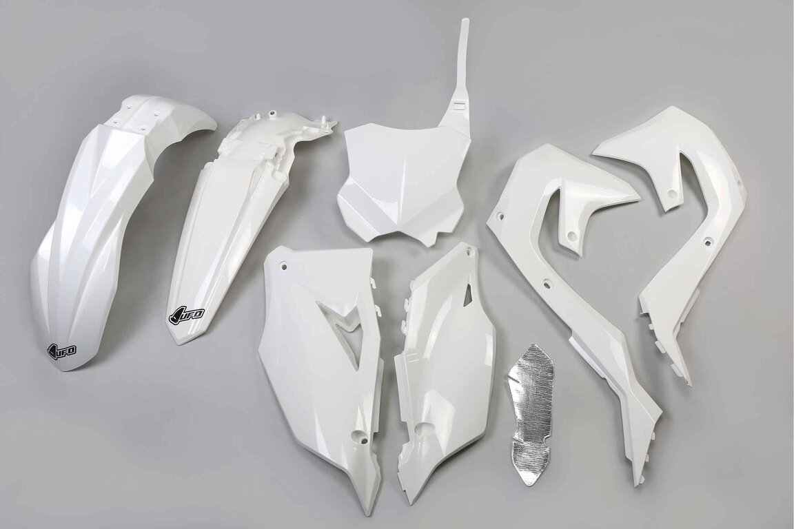 UFO White Plastic Kit for Kawasaki: KX250F (2021-2024), KX250F 50th Anniversary Edition (2024), KX250X (2022-2024), KX250XC (2021), KX450F (2019-2023), KX450SR (2022-2023), KX450X (2022-2023), KX450XC (2021)