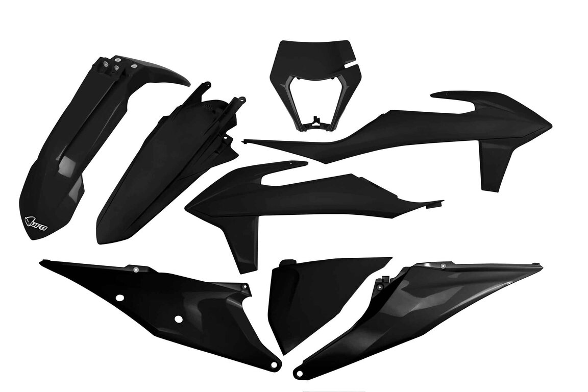UFO Black Plastic Kit for KTM: EXC125 (2020-2021), EXC150 (2020-2023), EXC250 (2020-2023), EXC250F (2020-2023), EXC300 (2020-2023), EXC350F (2020-2023), EXC450F (2020-2023), EXC500F (2020-2023), XCF350W (2020-2022), XCF450W (2023), XCF500W (2020-2022), XCW150 (2023...and more