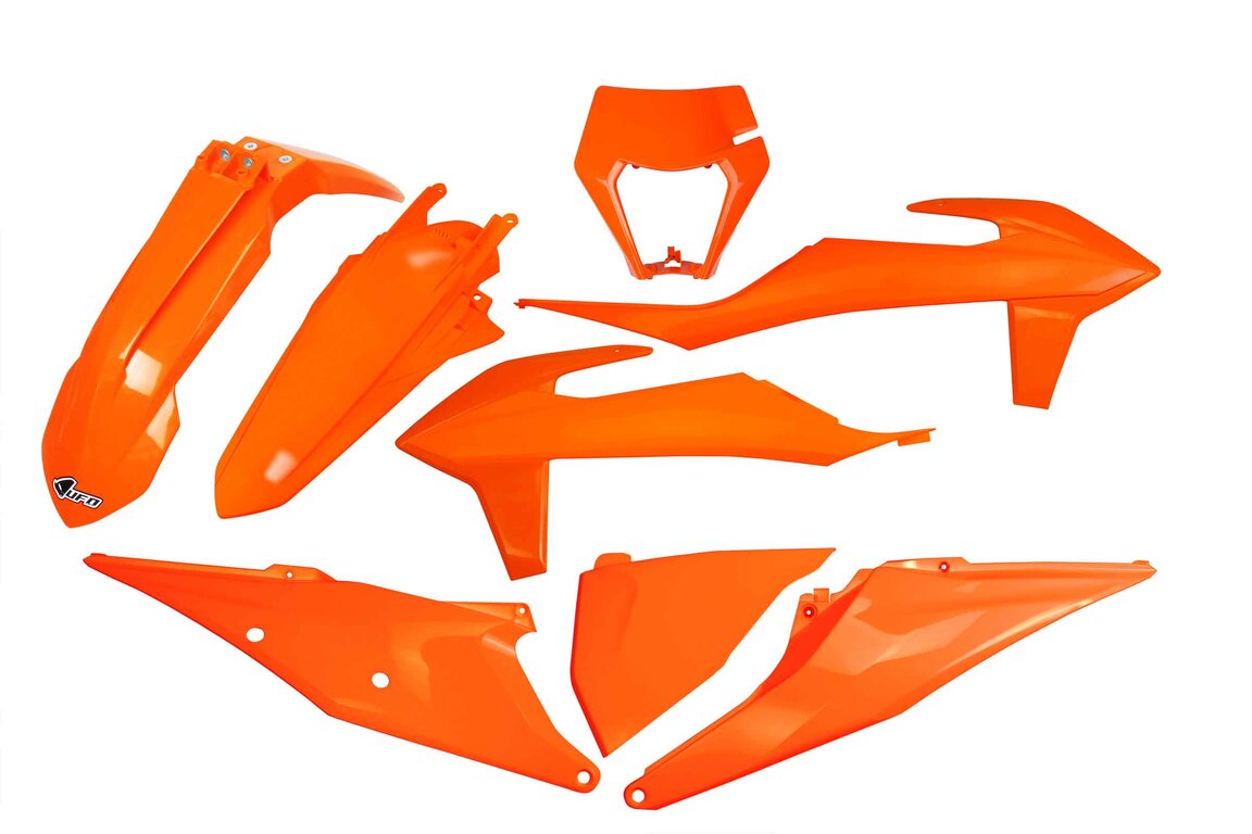 UFO Orange Plastic Kit for KTM: EXC125 (2020-2021), EXC150 (2020-2023), EXC250 (2020-2023), EXC250F (2020-2023), EXC300 (2020-2023), EXC350F (2020-2023), EXC450F (2020-2023), EXC500F (2020-2023), XCF350W (2020-2022), XCF450W (2023), XCF500W (2020-2022), XCW150 (2023...and more