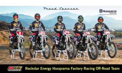 DeCal Works is a proud sponsor of the 2022 Rockstar Energy Husqvarna Factory Racing Off-Road Team Front View