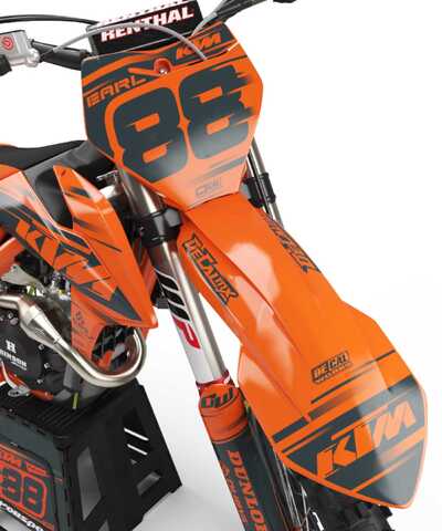 DeCal Works Think It. Create It. 221 Design Dirt Bike Graphics. Solid Orange and Grey Design with FMF Logo.