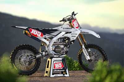 DeCal Works Think It. Create It. 222 Dirt Bike Graphics Design. White with Black Pinstripes and Red Number Plates with Yamalube Logos 