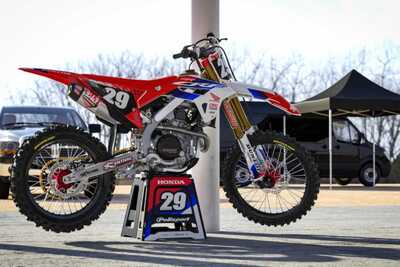 DeCal Works Think It. Create It. Dirt Bike Graphics 224 Design in Red, White and Blue with Black and White Number Plates