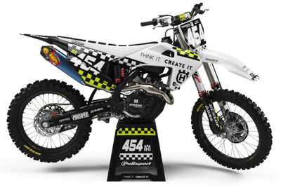 Custom dirt bike graphics with a personal style, black and white checker design with toxic yellow accents, FMF Logo