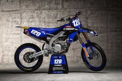Yamaha YZF450 graphics in blue and black with Officially Licensed Yamaha logo on black UFO replacement plastic