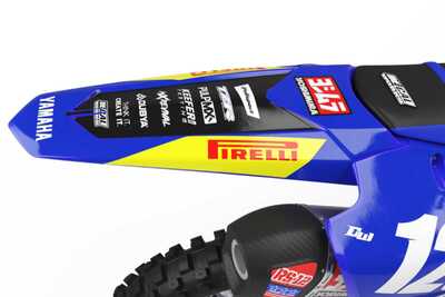 Yamaha YZF250 graphics in blue and black with Officially Licensed Pirelli logo on a Polisport plastic blue rear fender