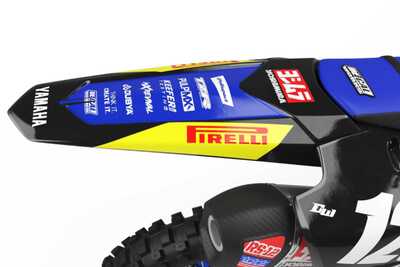 Yamaha YZF450 graphics in blue and black with Officially Licensed Pirelli logo on a UFO plastic black rear fender