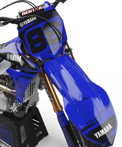 All blue and black MX decals for Yamaha YZF dirt bike on all blue UFO repplacement plastic with Dunlop Tires