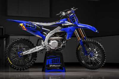 All blue and black MX decals for Yamaha YZF dirt bike on all blue UFO repplacement plastic with FMF Exhaust