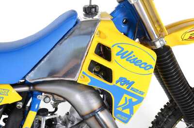 Yellow and blue RM125 Dirt Bike in DeCal Works Project Bike Gallery with Officially Licensed Logos and black rims