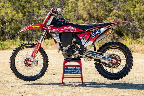 2023 KTM 350 XC-F with red and black dirt bike graphics with Officially Licensed Motoseat Logos