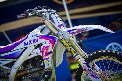Purple and white throw back yamaha complete dirt bike graphics with Officially Licensed Yamaha Logos