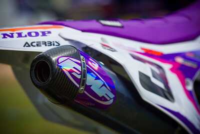 Purple and white throw back yamaha complete dirt bike graphics with custom FMF exhaust chrome decals