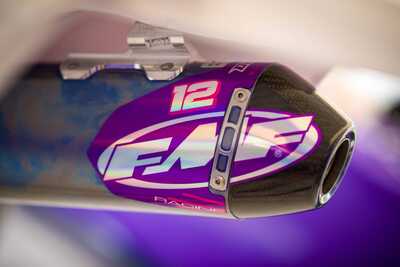 Purple and white throw back yamaha complete dirt bike graphics with custom chrome exhaust decals