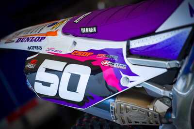 Purple and white throw back yamaha complete dirt bike graphics #50 Austin Jones side number plate for YZF dirt bike