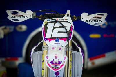 Purple and white throw back yamaha complete dirt bike graphics with Acerbis custom hand guards