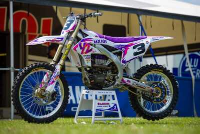 Purple and white throw back yamaha complete dirt bike graphics with #3 
Shawn Maffenbeier side view of YZF dirt bike