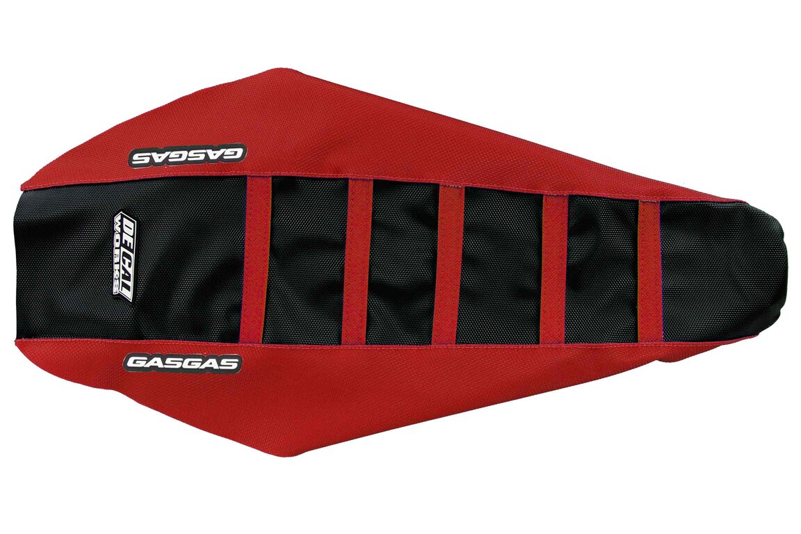DeCal Works GG Red Black GG Red with GasGas logo Gripper Ribbed Seat Covers for GasGas: EC 450F (2024-2025), EC125 (2025), EC250 (2024-2025), EC250F (2025), EC300 (2024-2026), EC350F (2025), EC500F (2025), ES 350 (2024), ES 500 (2024), EW 500F (2024), EX250 (2024-2025), EX250F (2024-2025), EX300 (2024-2026), EX350F (2...and more