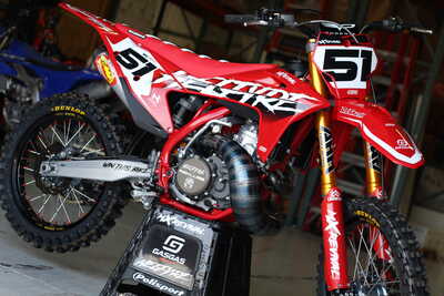 mXrevival HELFYRE GASGAS MC500 Custom Dirt Bike. Black Number 51 with White Backgrounds and Red and White Custom Decals.