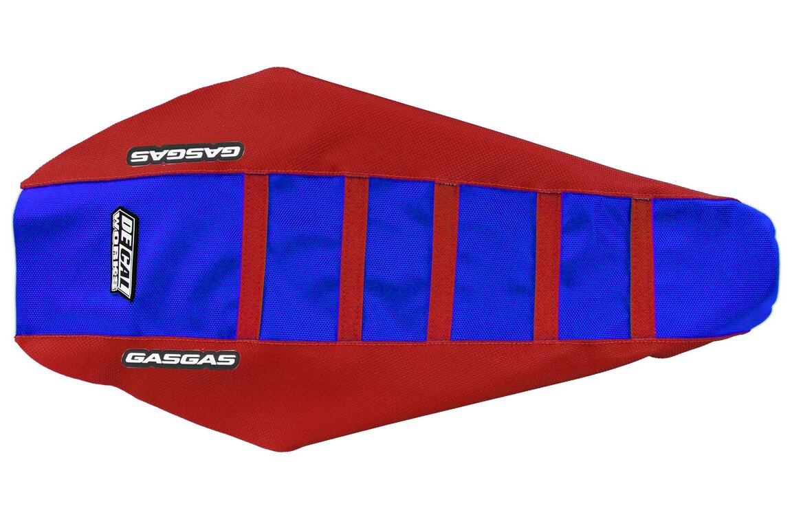 DeCal Works GG Red Med Blue GG Red with GasGas logo Gripper Ribbed Seat Covers for GasGas: EC 450F (2024-2025), EC125 (2025), EC250 (2024-2025), EC250F (2025), EC300 (2024-2026), EC350F (2025), EC500F (2025), ES 350 (2024), ES 500 (2024), EW 500F (2024), EX250 (2024-2025), EX250F (2024-2025), EX300 (2024-2026), EX350F (2...and more