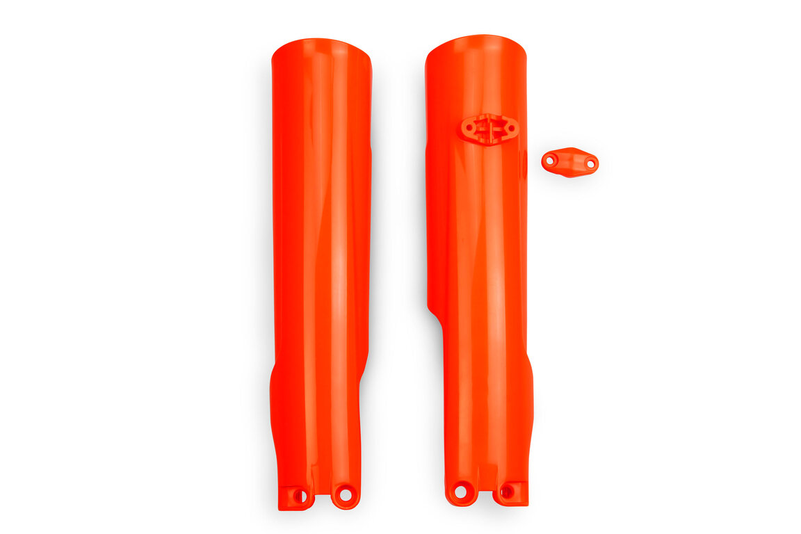 UFO Neon Orange Lower Fork Guards for KTM: EXC350F (2024-2026), EXC450F (2024-2025), EXC500F (2024-2026), SX125 (2023-2026), SX150 (2025-2026), SX250 (2023-2026), SX300 (2023-2026), SXF250 (2023-2026), SXF250FE (2022-2025), SXF350 (2023-2026), SXF450 (2023-2026), SXF450FE (202...and more