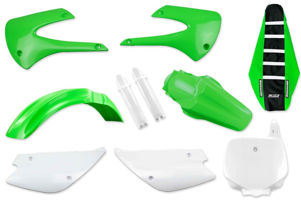 Mix & Match Plastic Kit With Lower Forks & Seat Cover 2001 Kawasaki KX100, 2002 Kawasaki KX100, 2003 Kawasaki KX100, 2004 Kawasaki KX100, 2005 Kawasaki KX100, 2006 Kawasaki KX100, 2007 Kawasaki KX100, 2008 Kawasaki KX100, 2009 Kawasaki KX100, 2010 Kawasaki KX100, 2011 Kawasaki KX100, 2012 Kaw...and more | DeCal Works