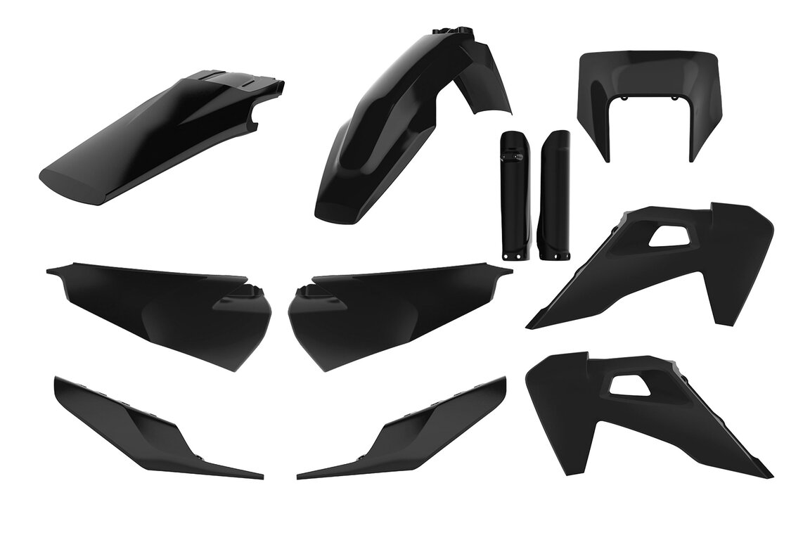 Polisport Black w/Forks Plastic Kit for Husqvarna: FE250 (2022-2023), FE350 (2020-2023), FE350s (2020, 2022-2023), FE450 (2020-2023), FE501 (2020-2023), FE501s (2020-2023), TE150 (2023), TE150i (2020-2022), TE250 (2023), TE250i (2020-2022), TE300 (2023), TE300i (2020-2022), TE30...and more