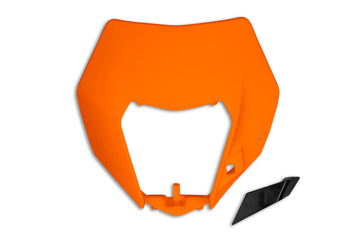 UFO Orange Front Number Plate Headlight Mask for KTM: EXC125 (2016), EXC200 (2016), EXC250 (2016), EXC250F (2014-2016), EXC300 (2014, 2016), EXC350F (2014-2016), EXC450 (2014-2016), EXC500 (2014-2016)