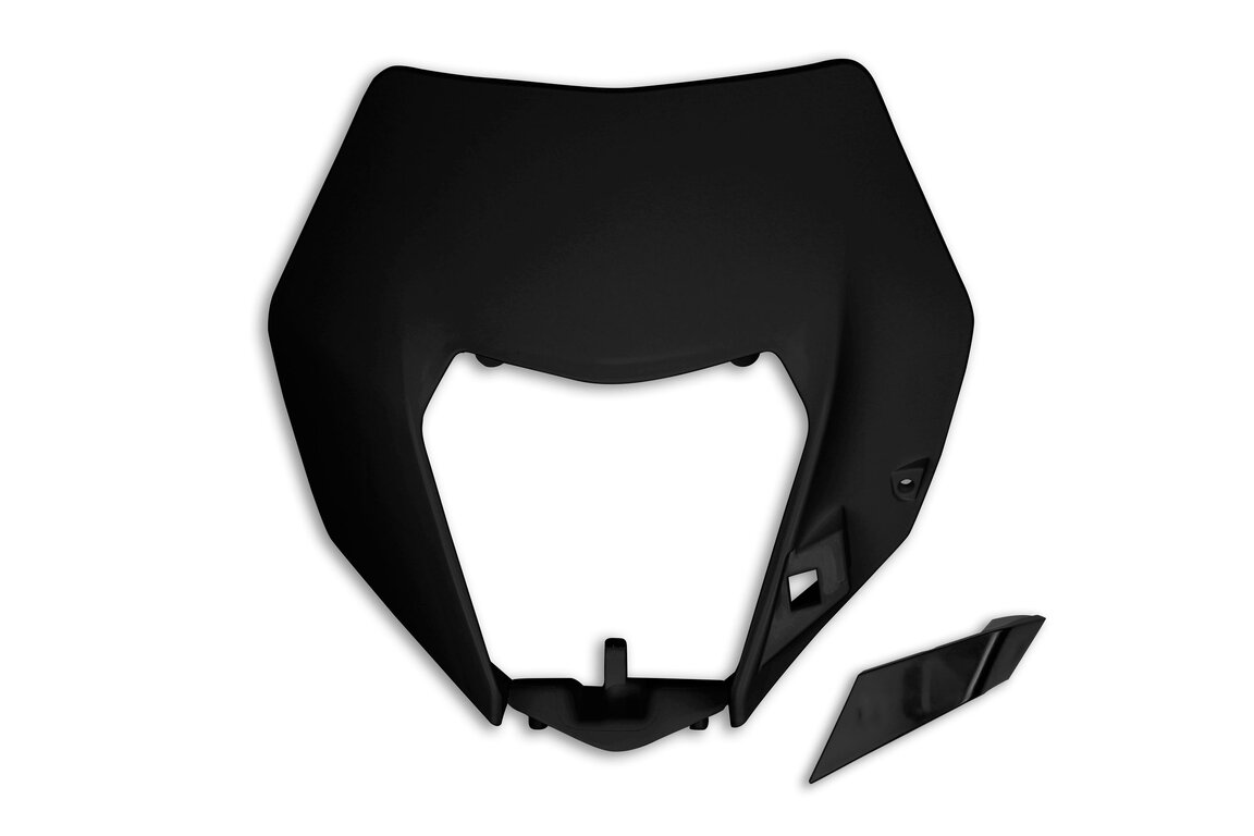 UFO Black Front Number Plate Headlight Mask for KTM: EXC125 (2016), EXC200 (2016), EXC250 (2016), EXC250F (2014-2016), EXC300 (2014, 2016), EXC350F (2014-2016), EXC450 (2014-2016), EXC500 (2014-2016), XCF250W (2014-2016), XCF350W (2014-2016)
