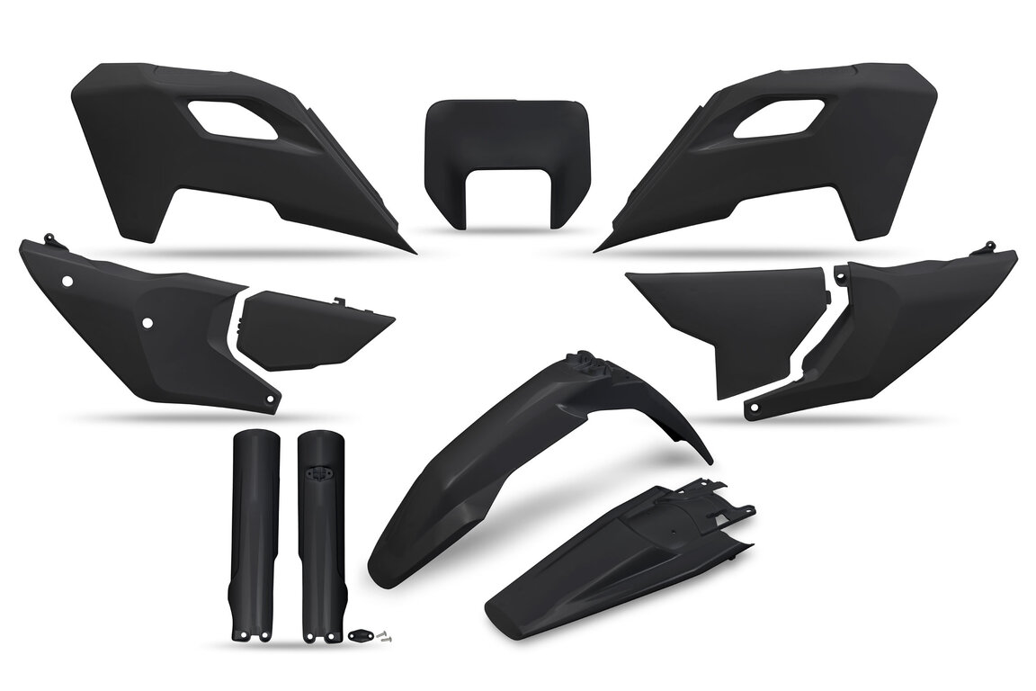 UFO Black Plastic Kit for Husqvarna: FE350s (2024-2025), FE350w (2024), FE450 (2024-2025), FE501s (2024-2025), FE501w (2024), TE150 (2024-2025), TE250 (2024-2025), TE300 (2024-2025), TE300 Pro (2025)