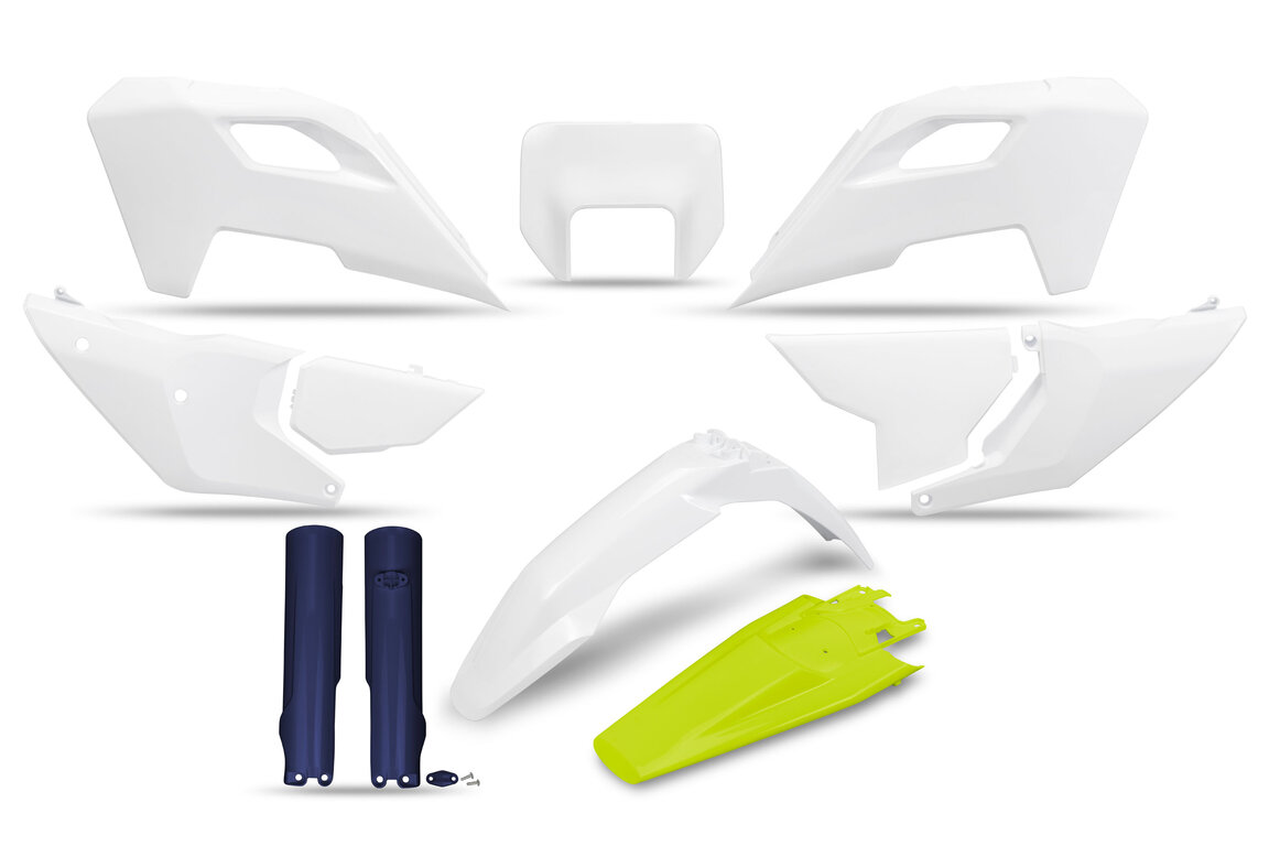 UFO OEM Color Plastic Kit for Husqvarna: FE350s (2024-2025), FE350w (2024), FE450 (2024-2025), FE501s (2024-2025), FE501w (2024), TE150 (2024-2025), TE250 (2024-2025), TE300 (2024-2025), TE300 Pro (2025)