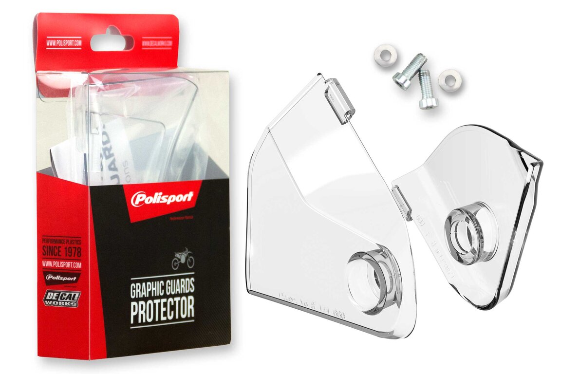 Polisport Clear Graphic Guards for KTM: EXC350F (2024-2026), EXC450F (2024-2025), EXC500F (2024-2026), SMR450 (2024-2025), SX125 (2023-2026), SX150 (2025-2026), SX250 (2023-2026), SX300 (2023-2026), SXF250 (2023-2026), SXF250FE (2022-2026), SXF350 (2023-2026), SXF450 (2023-...and more
