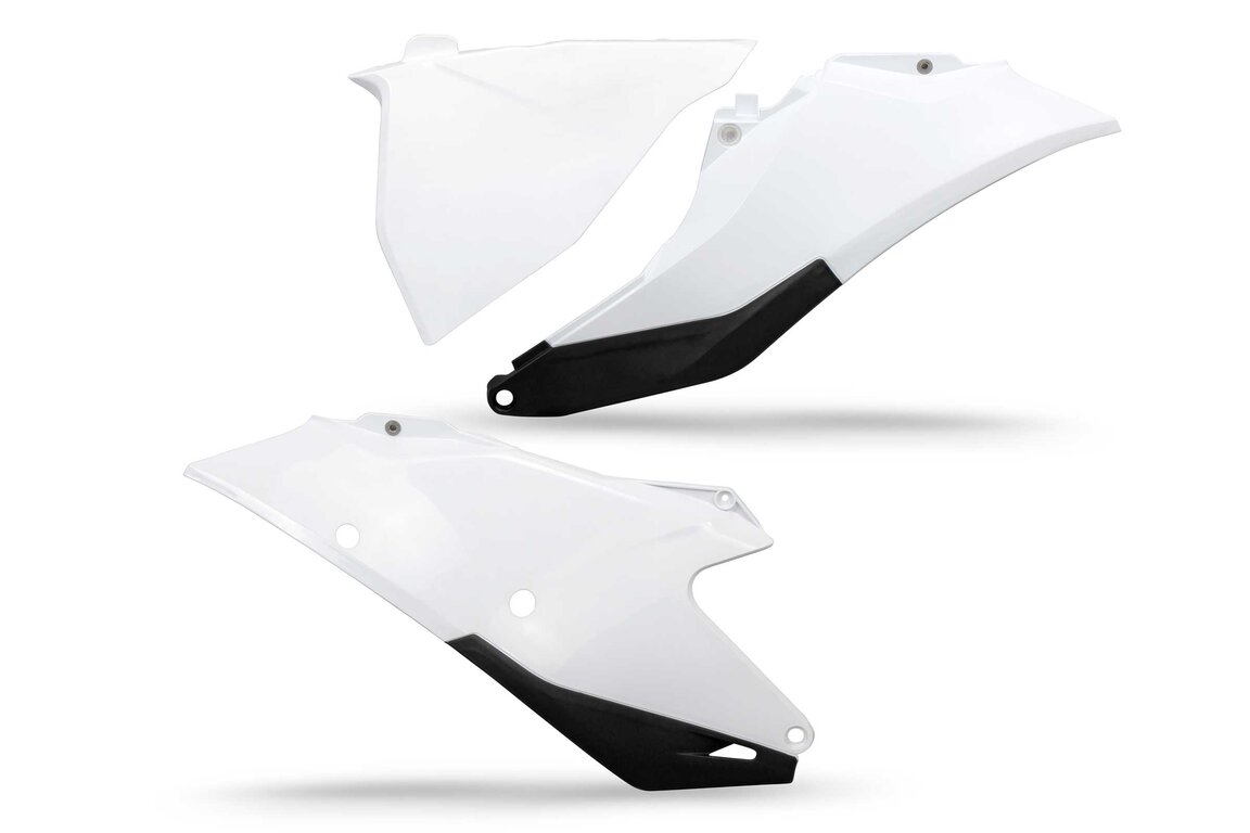 UFO White Side Number Plates with Airbox Cover for GasGas: EC250 (2021-2023), EC250F (2021-2023), EC300 (2021-2023), EC350F (2021-2023), EX250 (2022-2023), EX250F (2021-2023), EX300 (2021-2023), EX350F (2021-2023), EX450F (2021-2023), MC 125 (2021-2023), MC 250 (2022-2023), MC250F (2021-20...and more